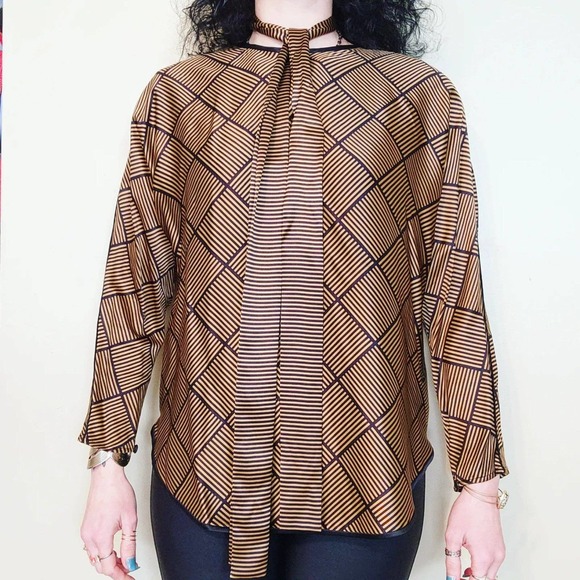 Vintage 80s Block Striped Silk Blouse - Picture 4 of 8